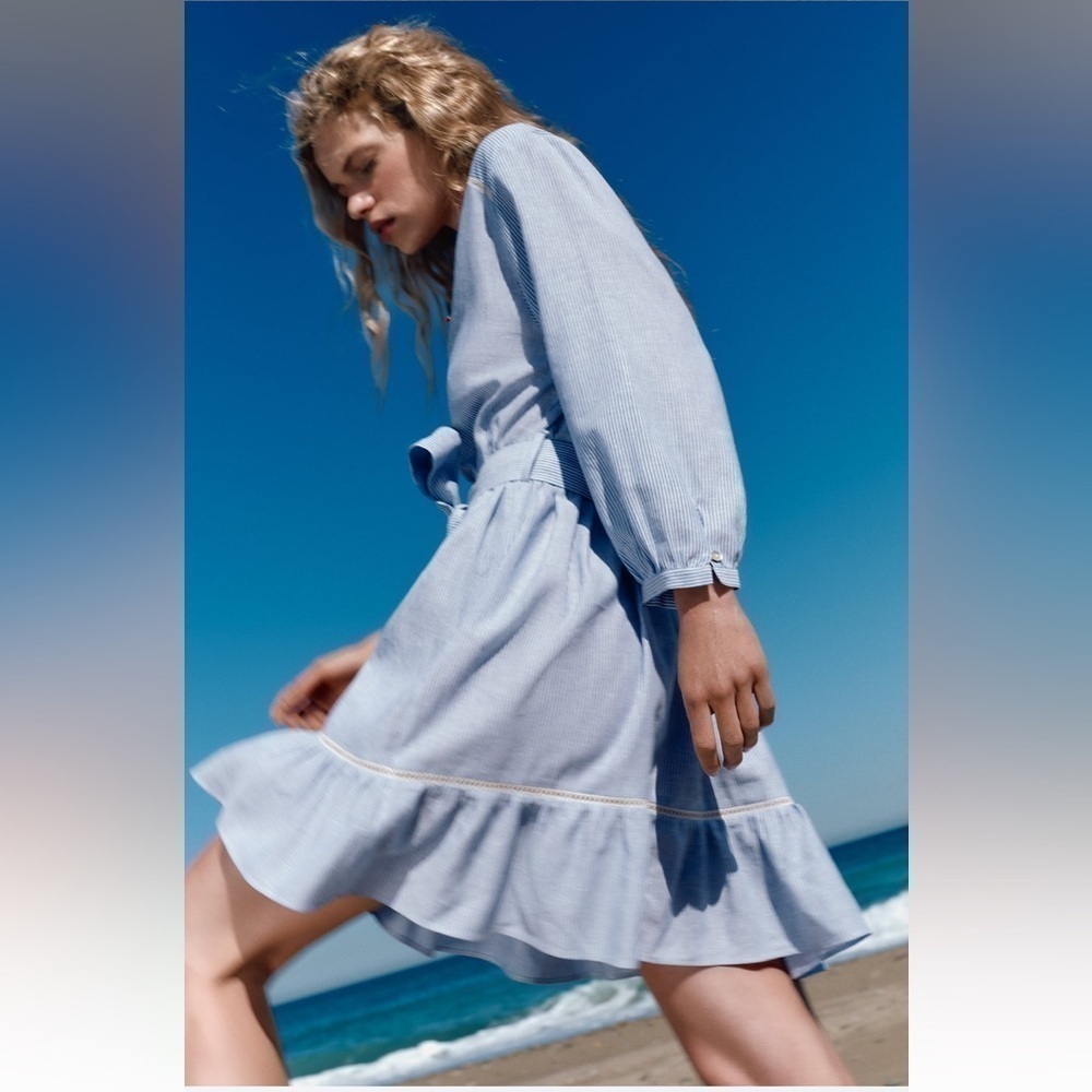 New ZARA Linen Bland Striped Inserts V-neck Long Sleeve Mini Dress - Picture 6 of 8